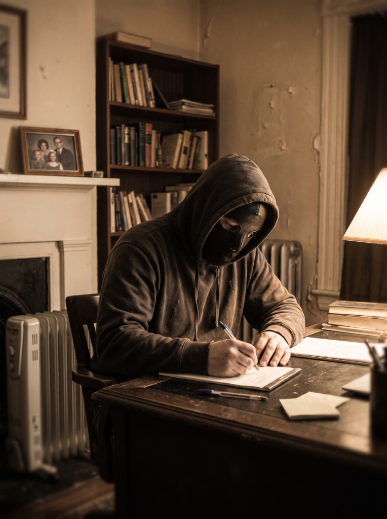 Fotografía del escritor Henry Fett escribiendo en su estudio a la luz de una lámpara